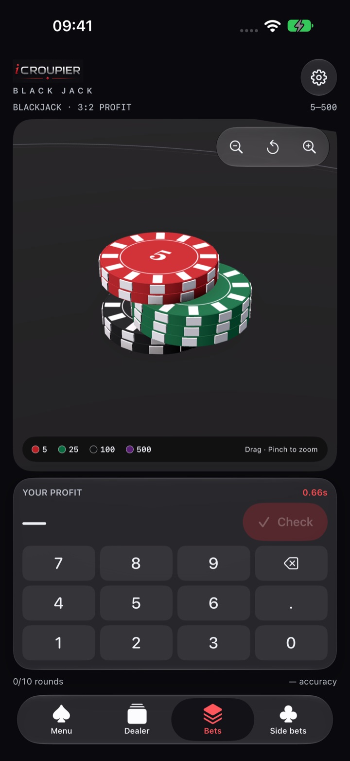 Large interactive 3D stack of black, green and red chips above a compact payout keypad.
