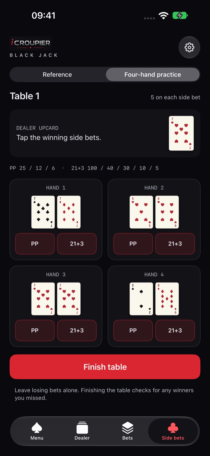Side-bet practice with four two-card hands, a dealer upcard, and Perfect Pairs and 21+3 spots.